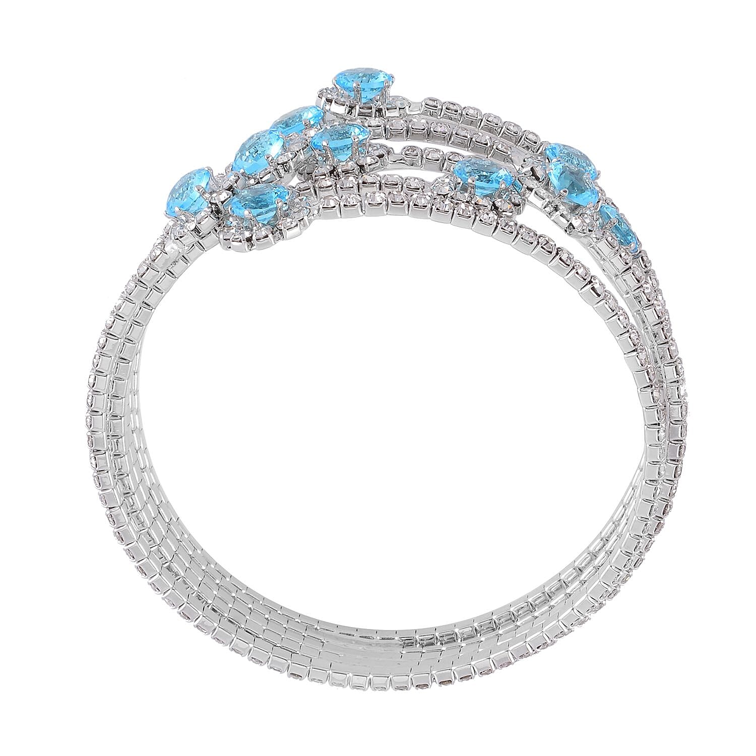 Sky Blue and White Color Austrian Crystal Bangle Bracelet (7-7.5 In) and Earrings in Silvertone