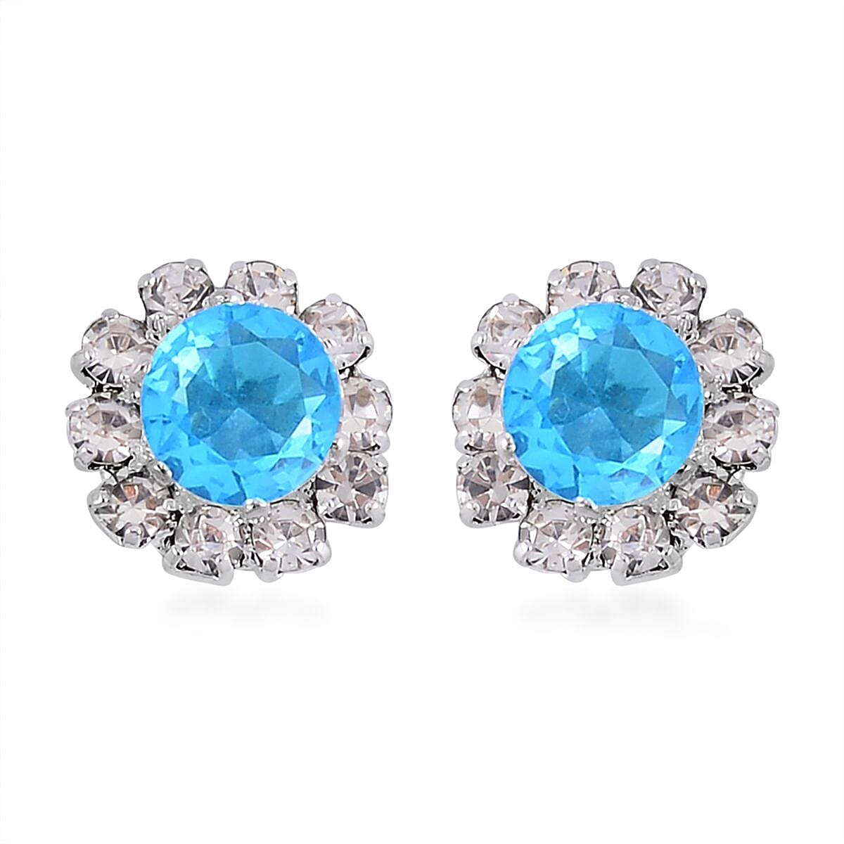 Sky Blue and White Color Austrian Crystal Bangle Bracelet (7-7.5 In) and Earrings in Silvertone