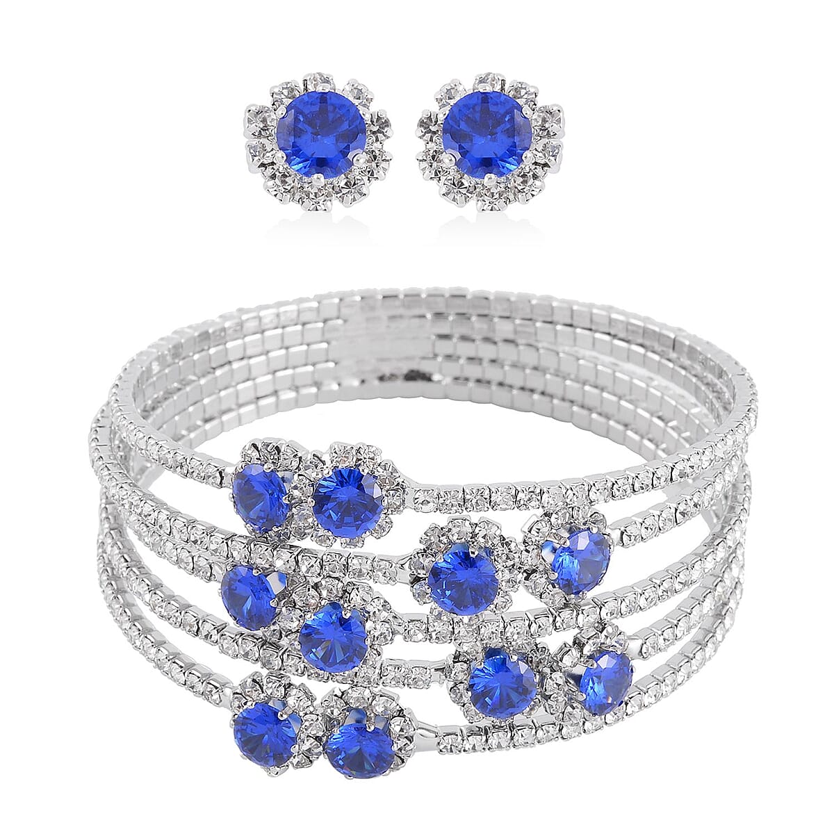 White and Blue Color Austrian Crystal Bangle Bracelet (7-7.5 In) and Earrings in Silvertone image number 0