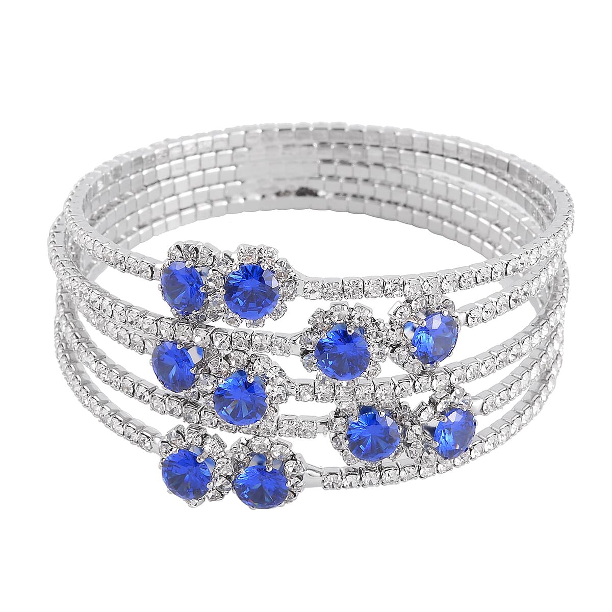 White and Blue Color Austrian Crystal Bangle Bracelet (7-7.5 In) and Earrings in Silvertone image number 2