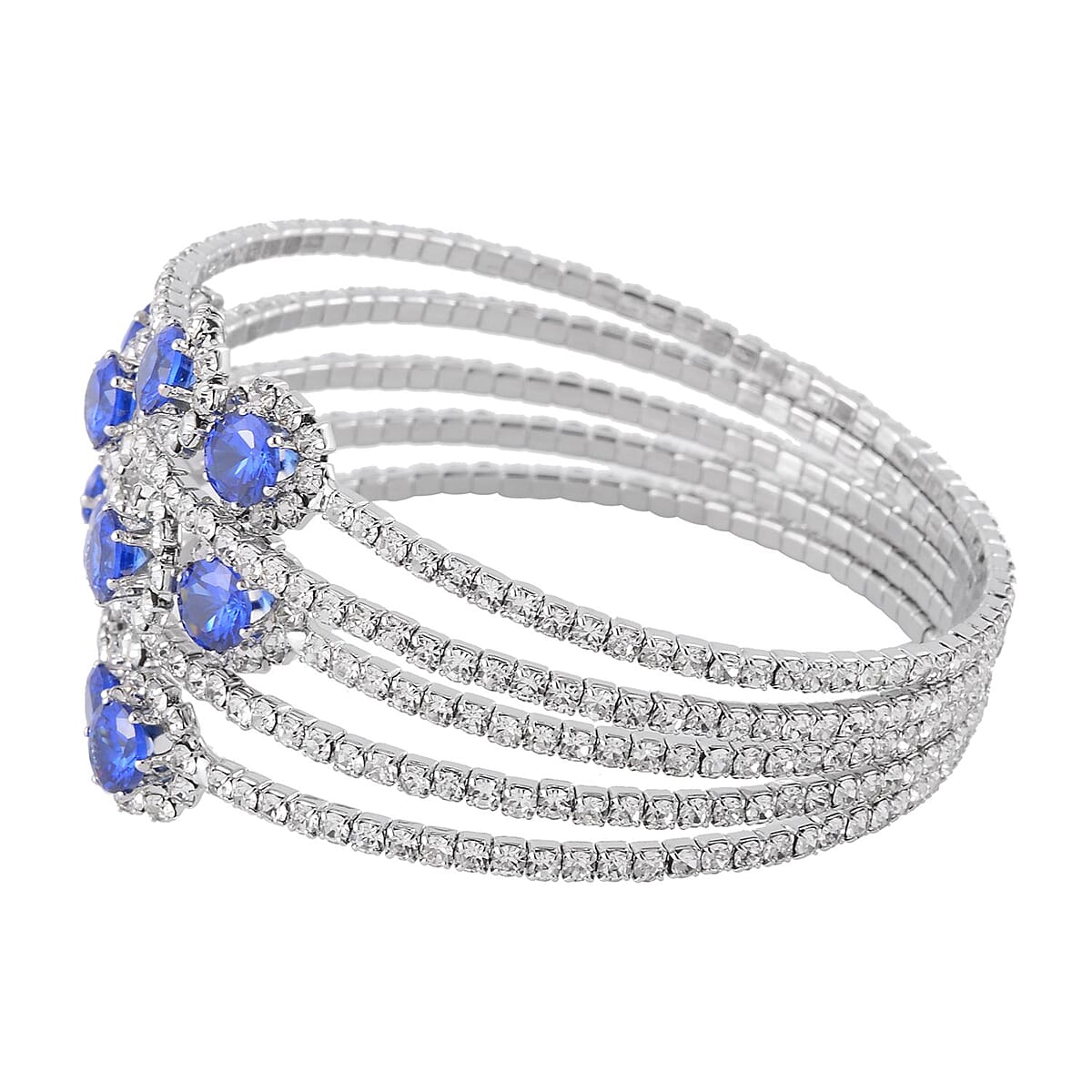 White and Blue Color Austrian Crystal Bangle Bracelet (7-7.5 In) and Earrings in Silvertone image number 3
