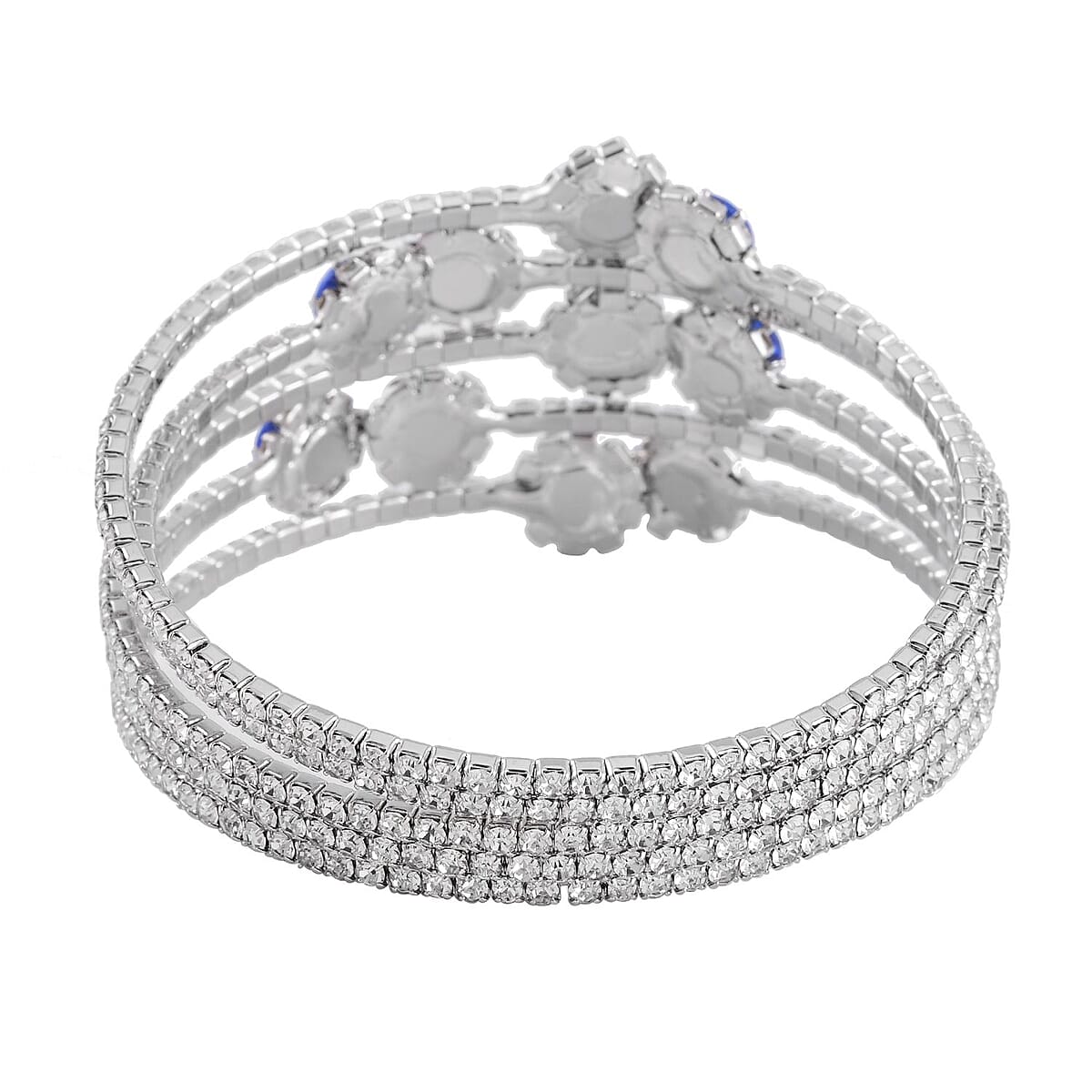 White and Blue Color Austrian Crystal Bangle Bracelet (7-7.5 In) and Earrings in Silvertone image number 4