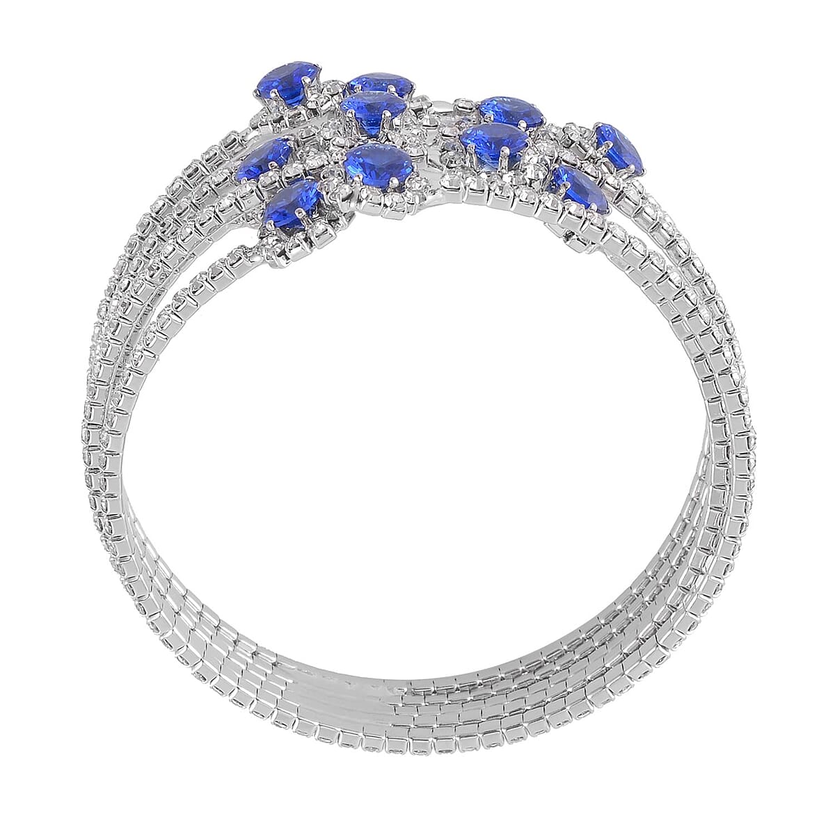White and Blue Color Austrian Crystal Bangle Bracelet (7-7.5 In) and Earrings in Silvertone image number 5