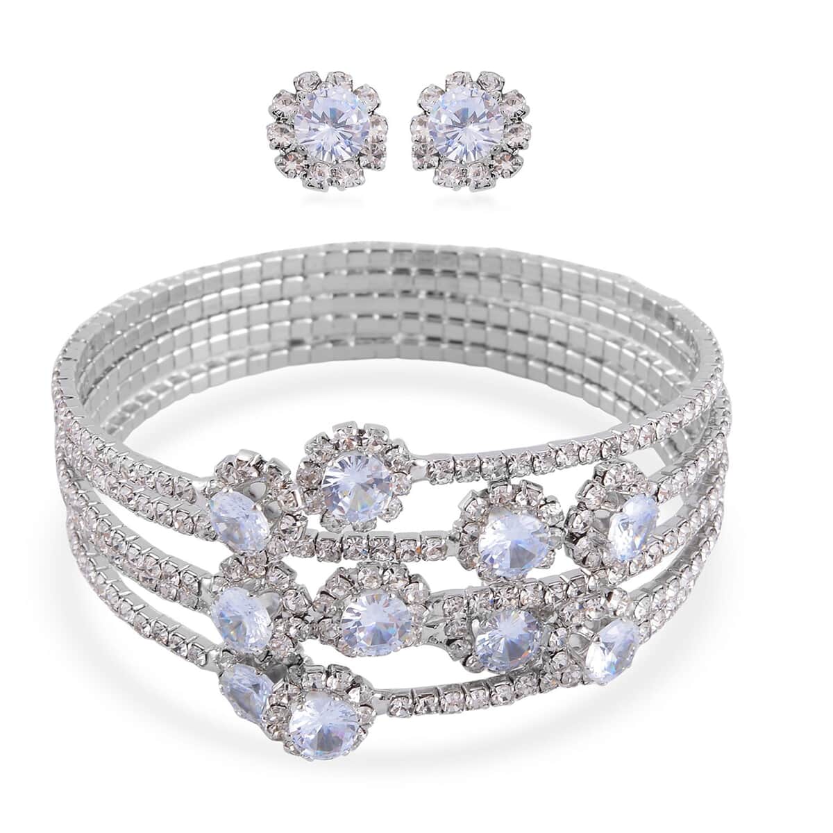 White Color Austrian Crystal Bangle Bracelet (7-7.5 In) and Earrings in Silvertone image number 0