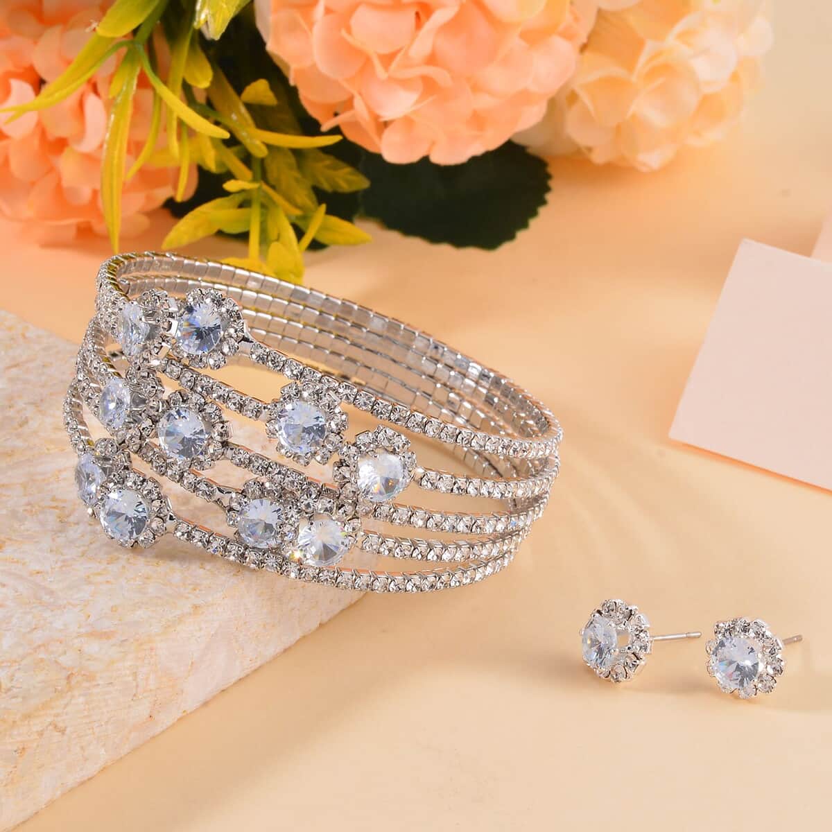 White Color Austrian Crystal Bangle Bracelet (7-7.5 In) and Earrings in Silvertone image number 1