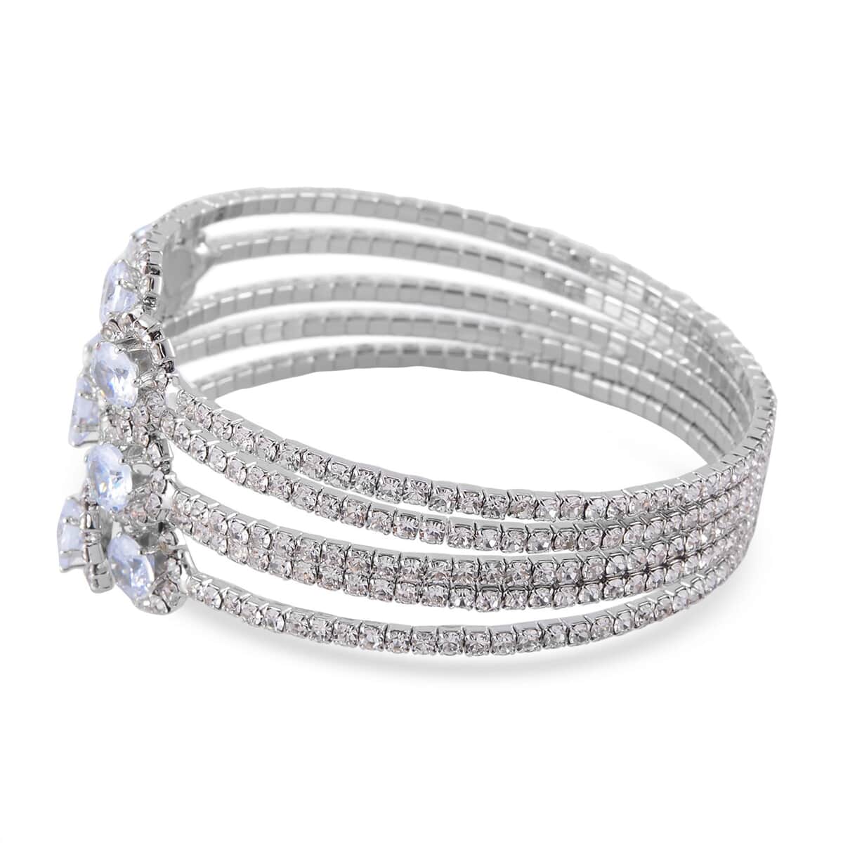 White Color Austrian Crystal Bangle Bracelet (7-7.5 In) and Earrings in Silvertone image number 3