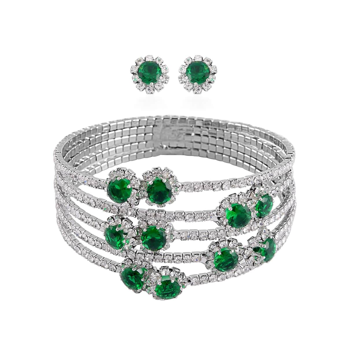 Green and White Color Austrian Crystal Bangle Bracelet (7-7.5 In) and Earrings in Silvertone image number 0