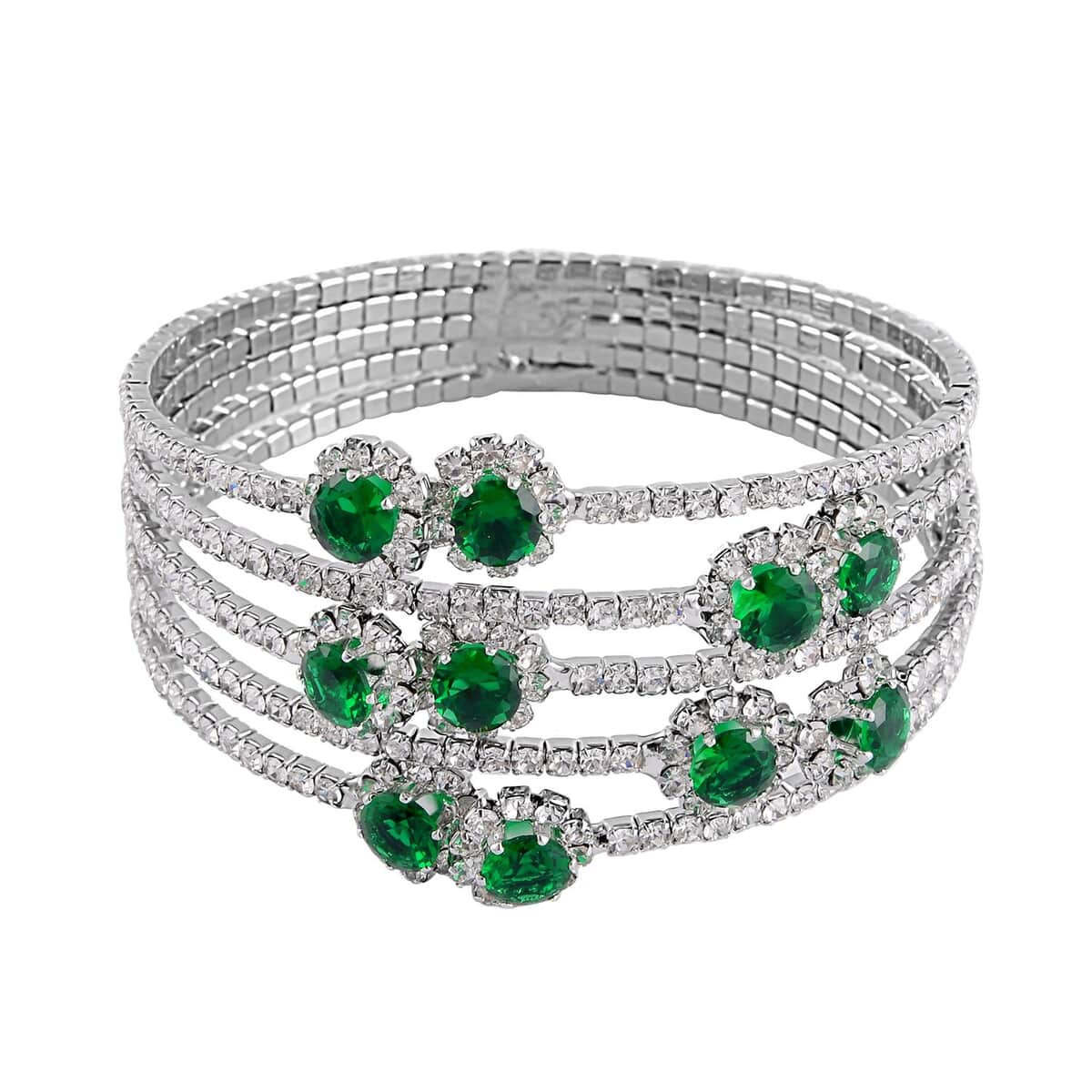 Green and White Color Austrian Crystal Bangle Bracelet (7-7.5 In) and Earrings in Silvertone image number 2