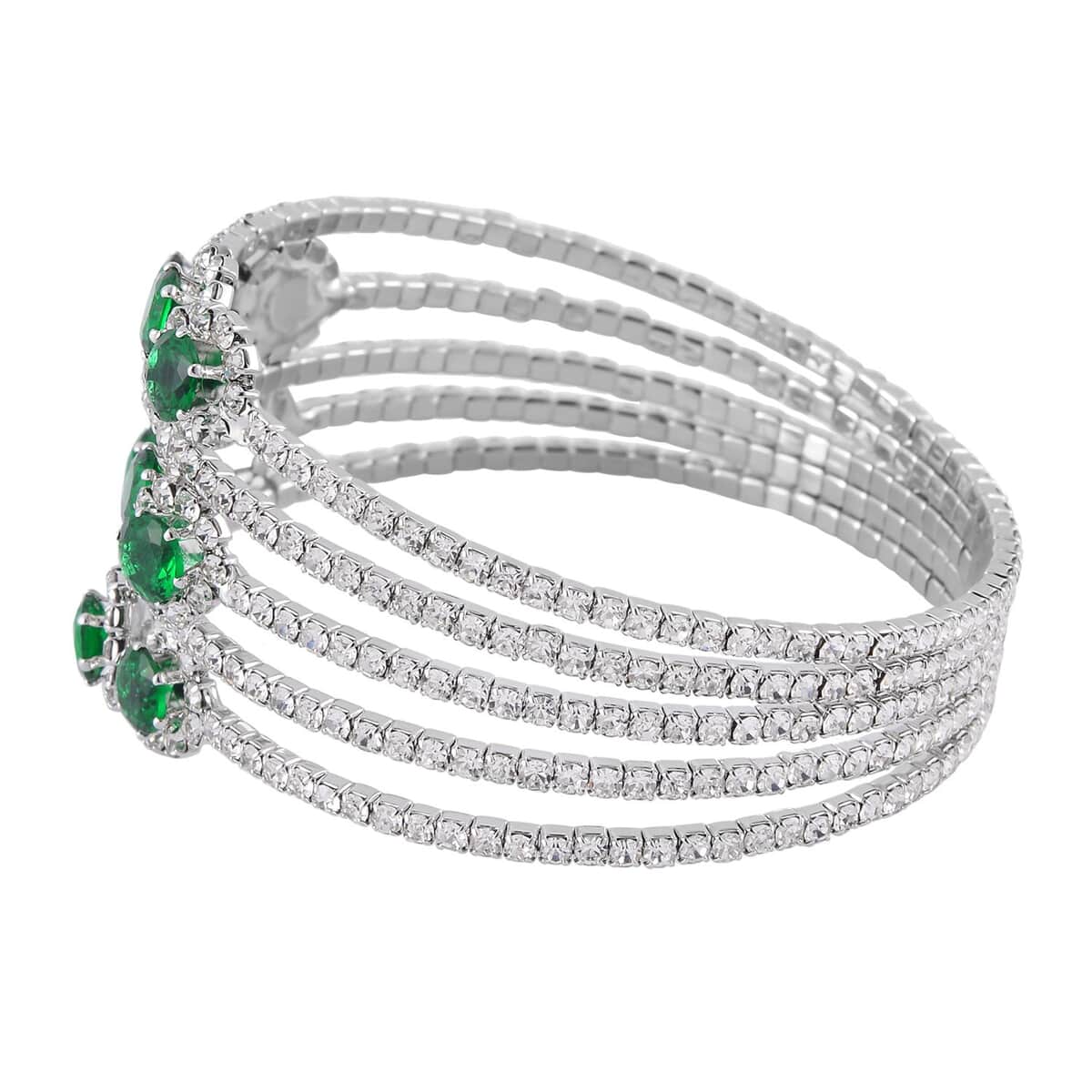 Green and White Color Austrian Crystal Bangle Bracelet (7-7.5 In) and Earrings in Silvertone image number 3