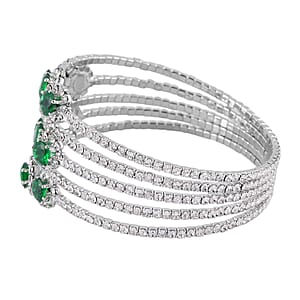 Green and White Color Austrian Crystal Bangle Bracelet (7-7.5 In) and Earrings in Silvertone