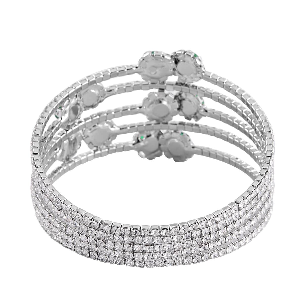 Green and White Color Austrian Crystal Bangle Bracelet (7-7.5 In) and Earrings in Silvertone image number 4