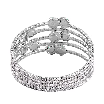 Green and White Color Austrian Crystal Bangle Bracelet (7-7.5 In) and Earrings in Silvertone