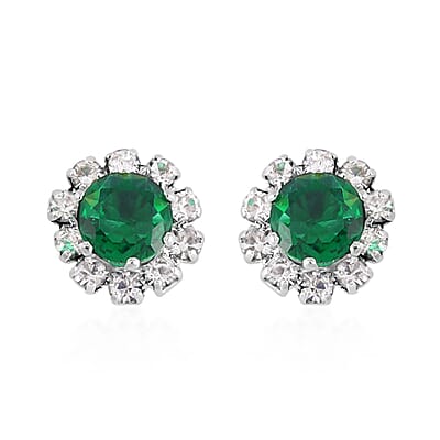 Green and White Color Austrian Crystal Bangle Bracelet (7-7.5 In) and Earrings in Silvertone