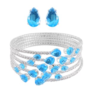 Sky Blue and White Color Austrian Crystal Bangle Bracelet (7-7.5 In) and Earrings in Silvertone