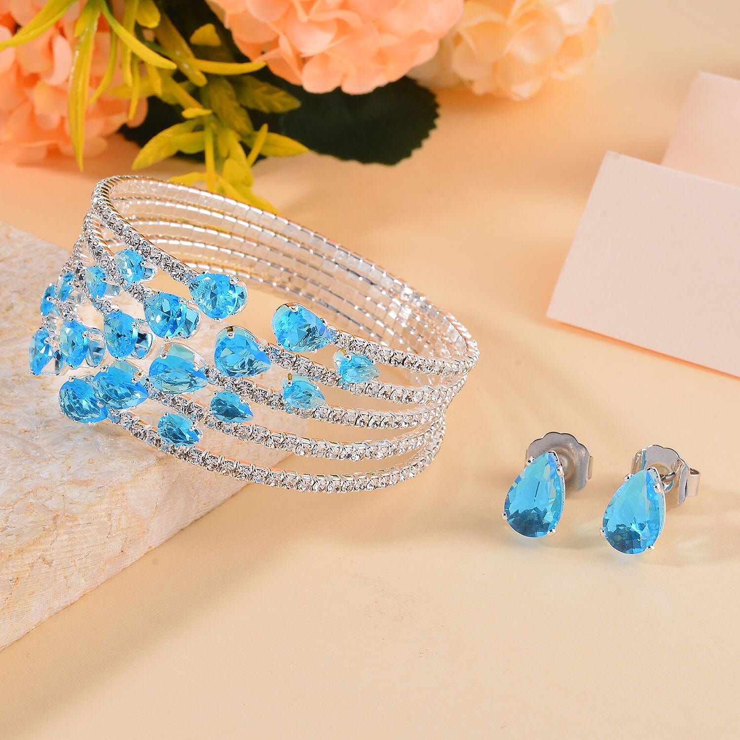 Sky Blue and White Color Austrian Crystal Bangle Bracelet (7-7.5 In) and Earrings in Silvertone