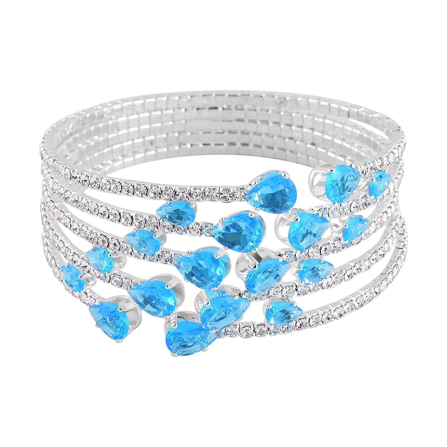 Sky Blue and White Color Austrian Crystal Bangle Bracelet (7-7.5 In) and Earrings in Silvertone