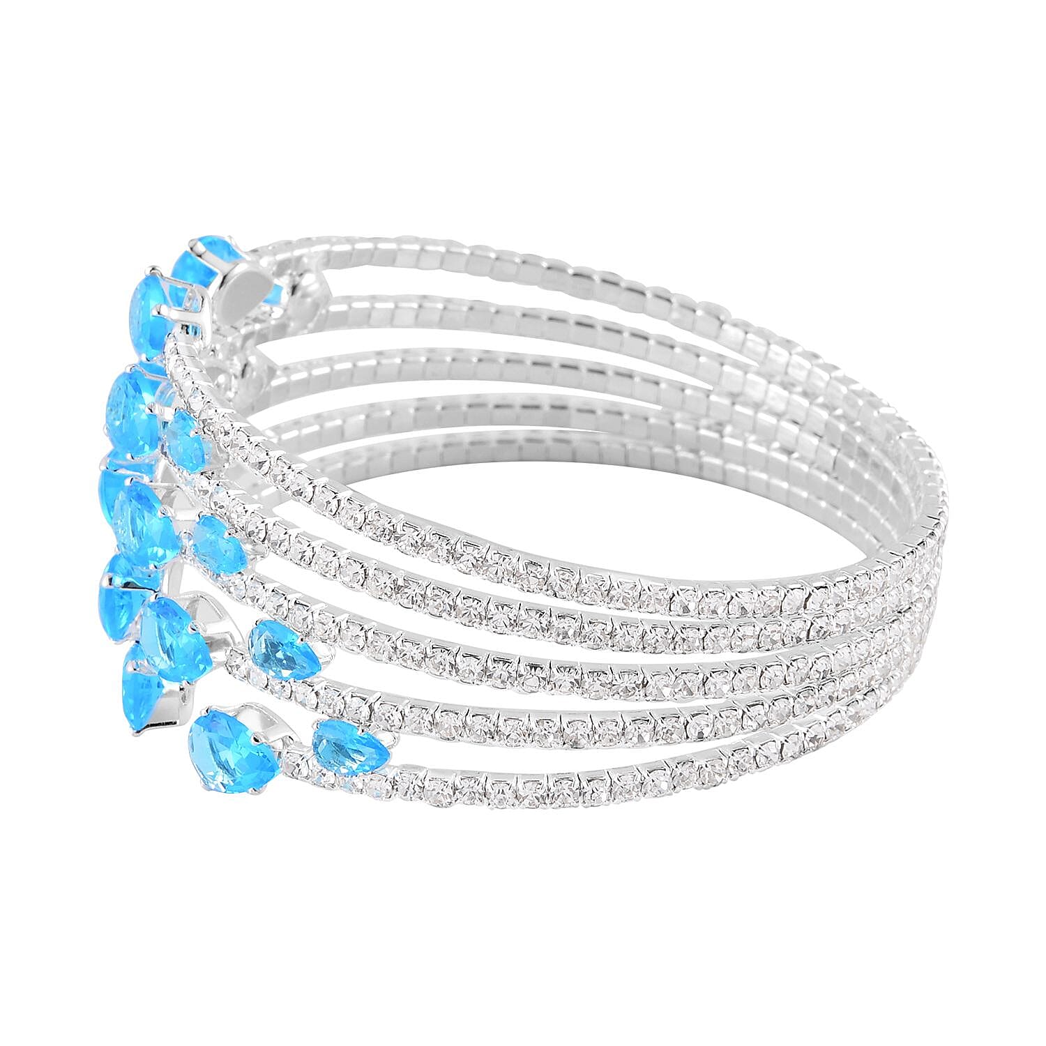 Sky Blue and White Color Austrian Crystal Bangle Bracelet (7-7.5 In) and Earrings in Silvertone