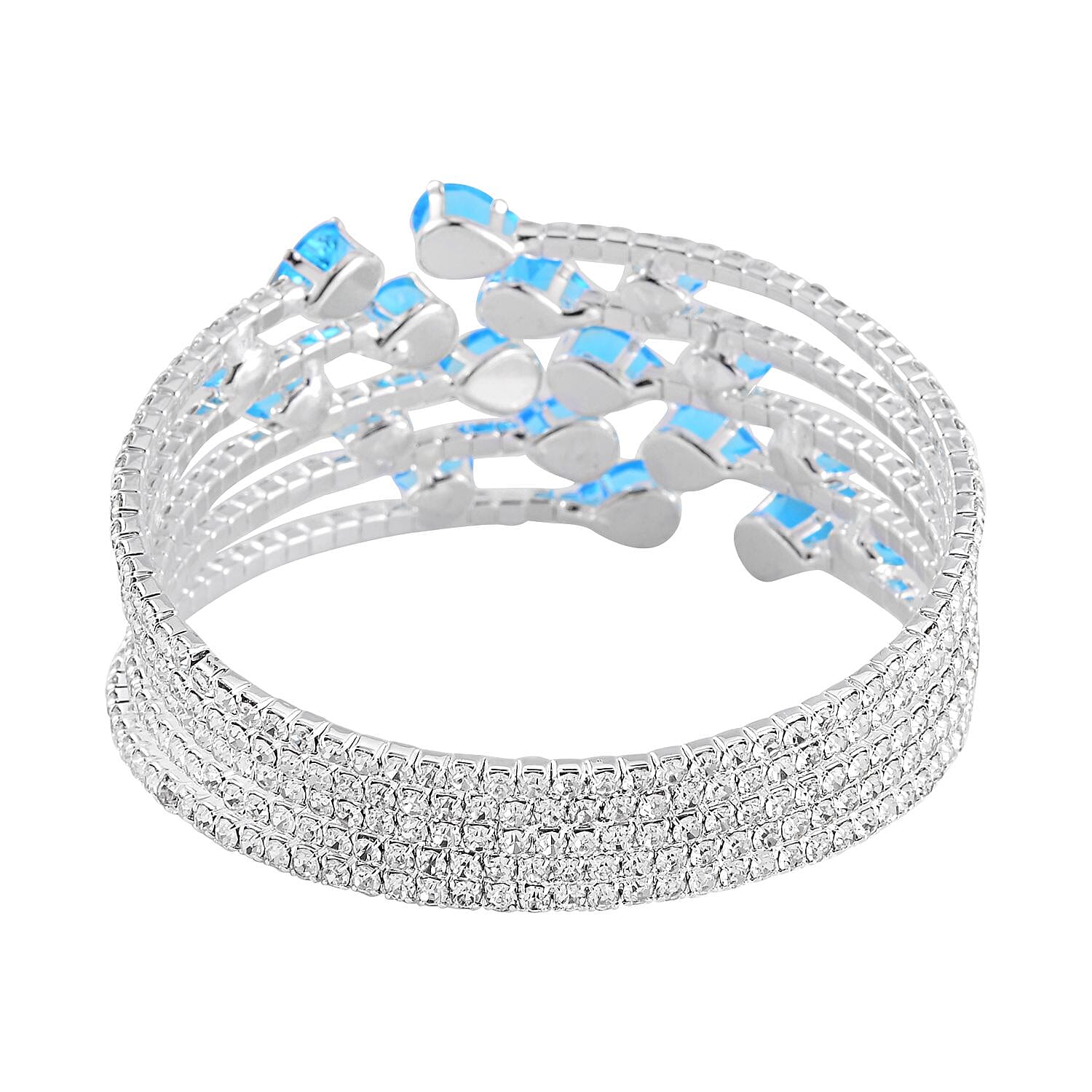 Sky Blue and White Color Austrian Crystal Bangle Bracelet (7-7.5 In) and Earrings in Silvertone