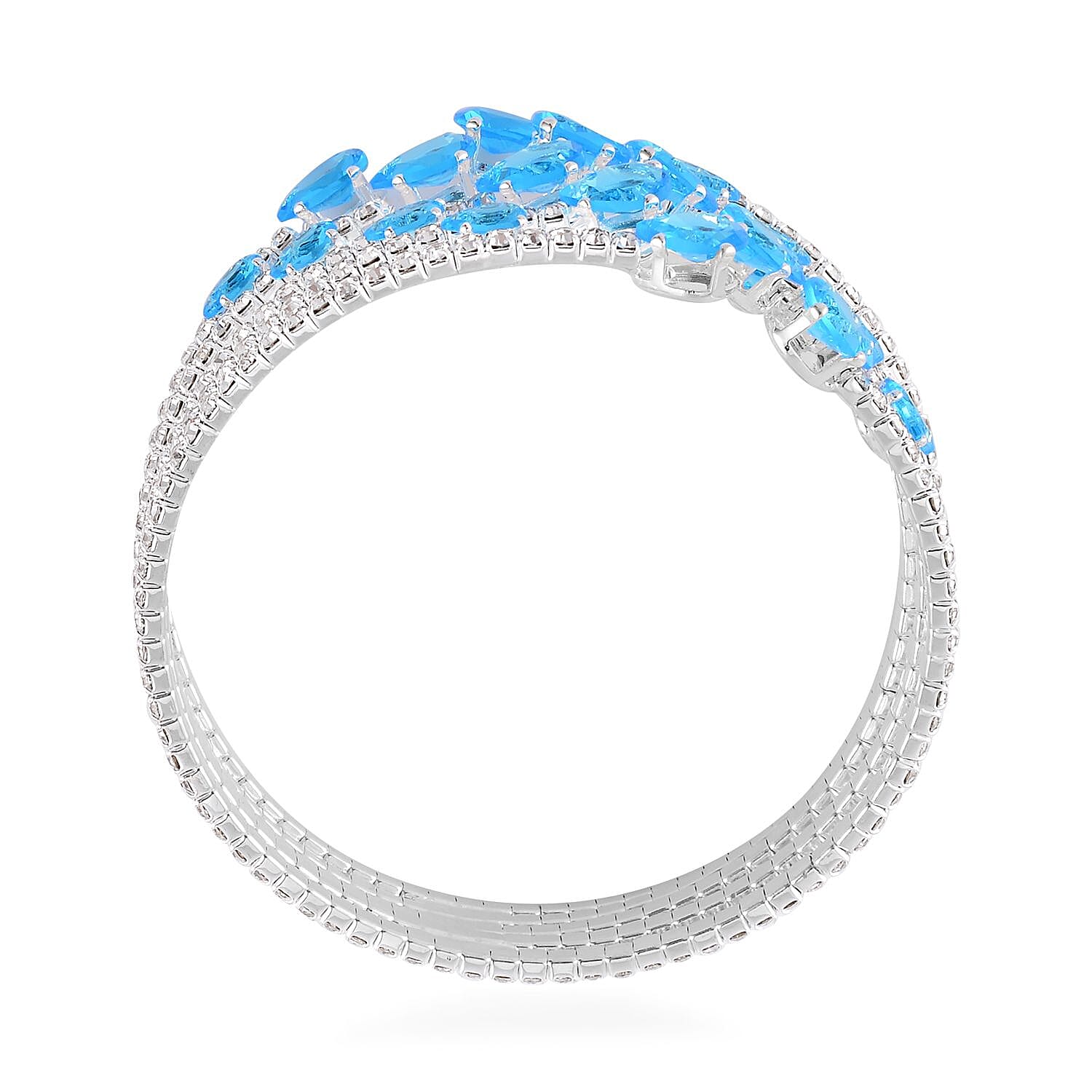 Sky Blue and White Color Austrian Crystal Bangle Bracelet (7-7.5 In) and Earrings in Silvertone