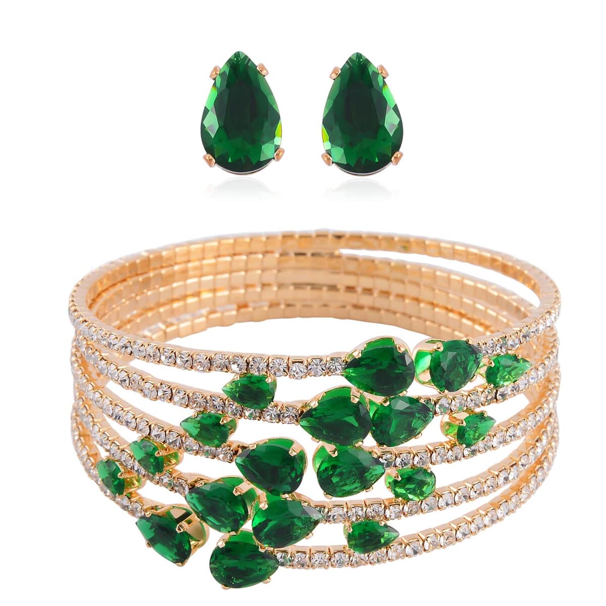 Green and White Austrian Crystal Bangle Bracelet (7-7.50 In) and Earrings in Goldtone image number 0