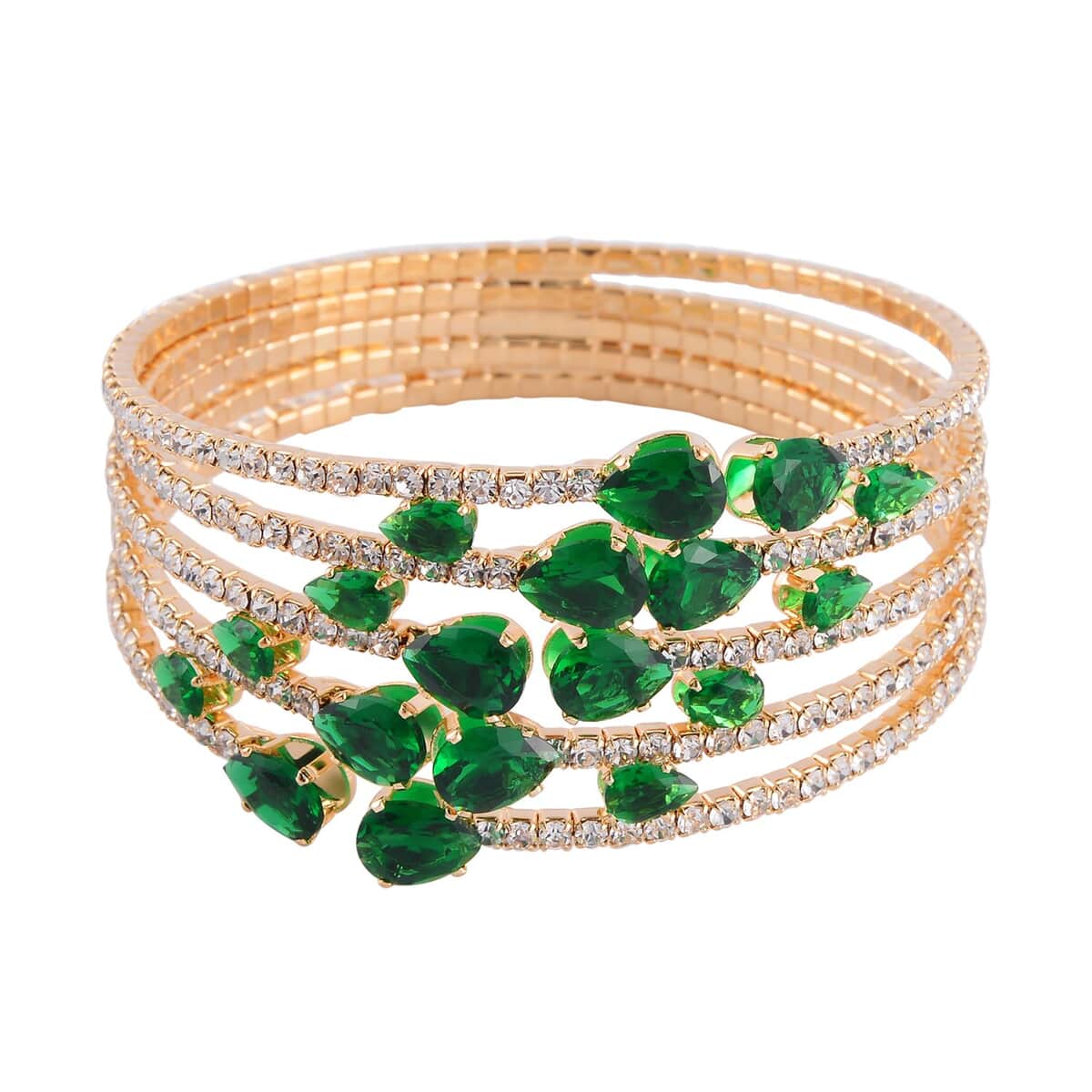 Green and White Austrian Crystal Bangle Bracelet (7-7.50 In) and Earrings in Goldtone image number 2