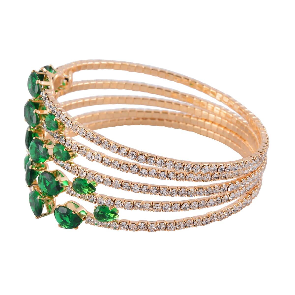 Green and White Austrian Crystal Bangle Bracelet (7-7.50 In) and Earrings in Goldtone image number 3