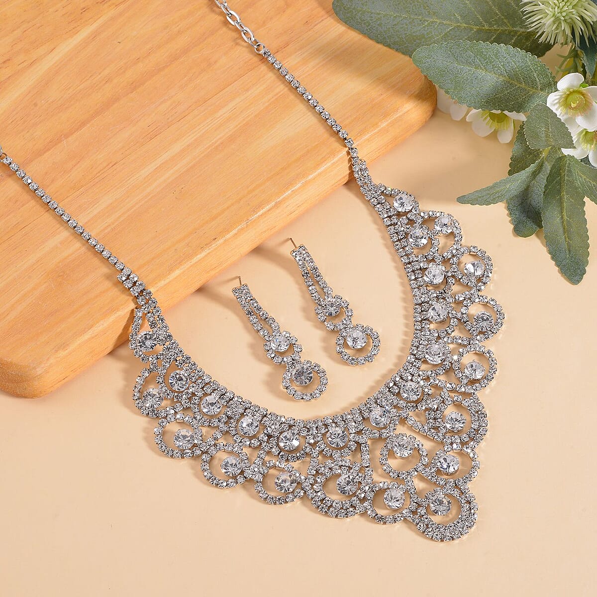 Austrian Crystal Necklace 20-22 Inches and Earrings in Silvertone image number 1