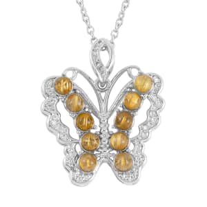 Golden Rutilated Quartz Butterfly Pendant in Silvertone with Stainless Steel Necklace 20 Inches 6.10 ctw