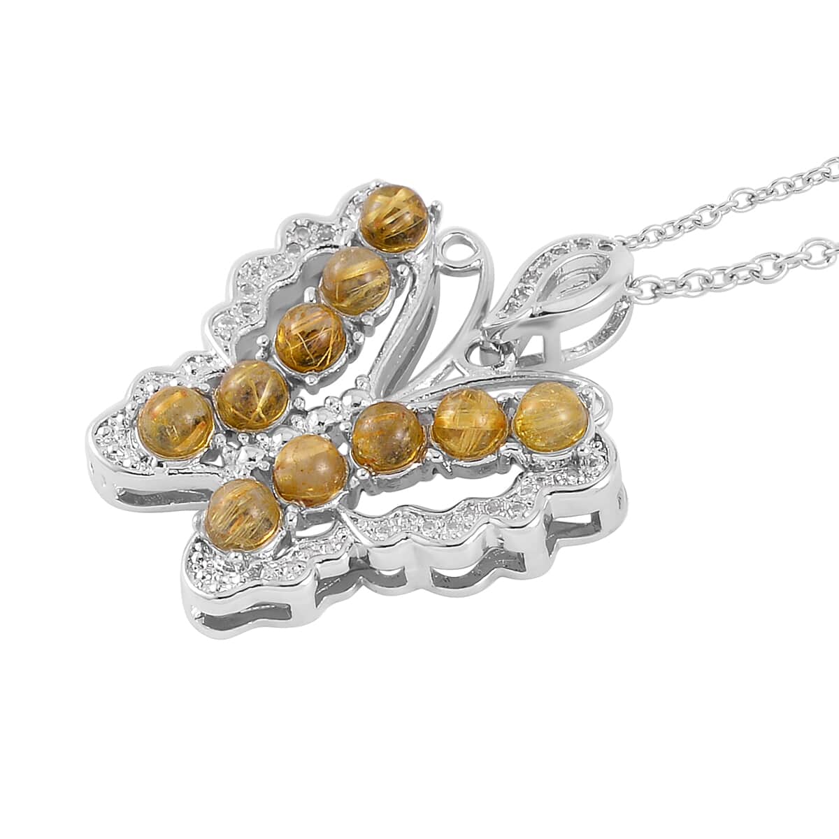 Golden Rutilated Quartz Butterfly Pendant in Silvertone with Stainless Steel Necklace 20 Inches 6.10 ctw image number 4