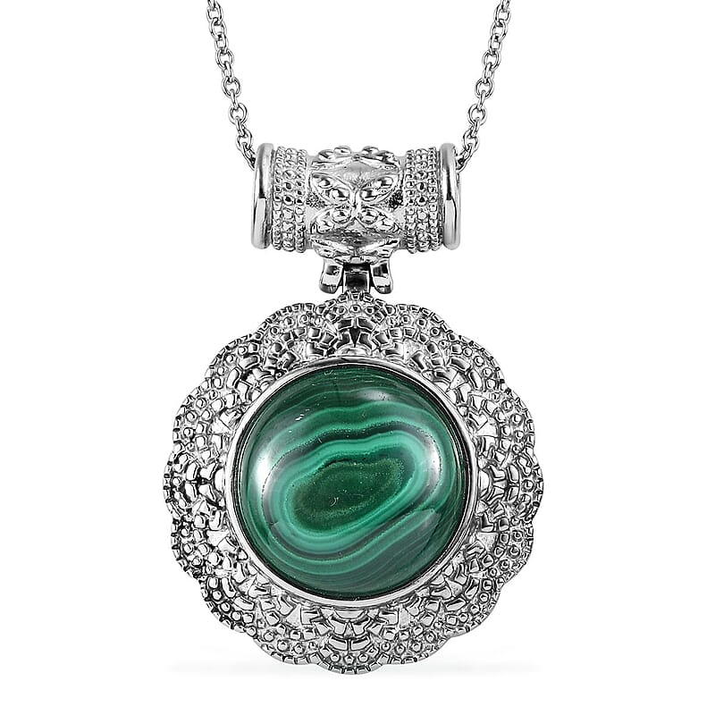 African Malachite 19.00 ctw Pendant Necklace in Stainless Steel 20 Inches