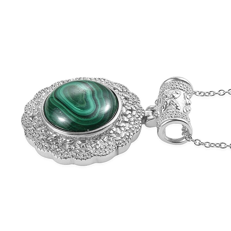 African Malachite 19.00 ctw Pendant Necklace in Stainless Steel 20 Inches