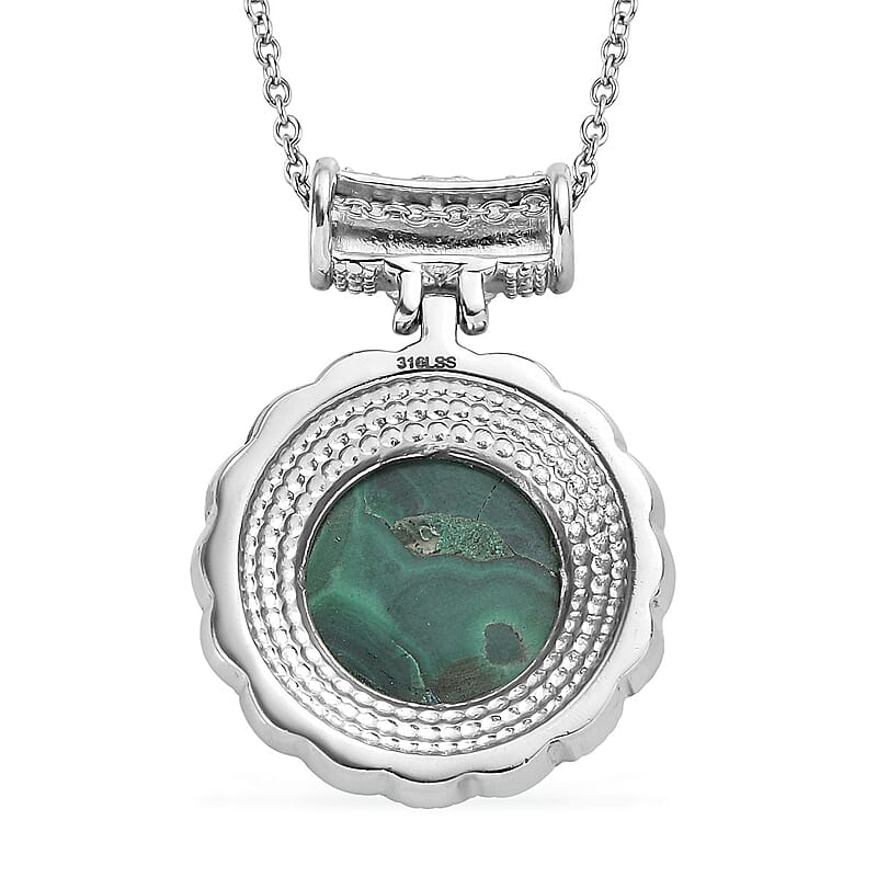 African Malachite 19.00 ctw Pendant Necklace in Stainless Steel 20 Inches
