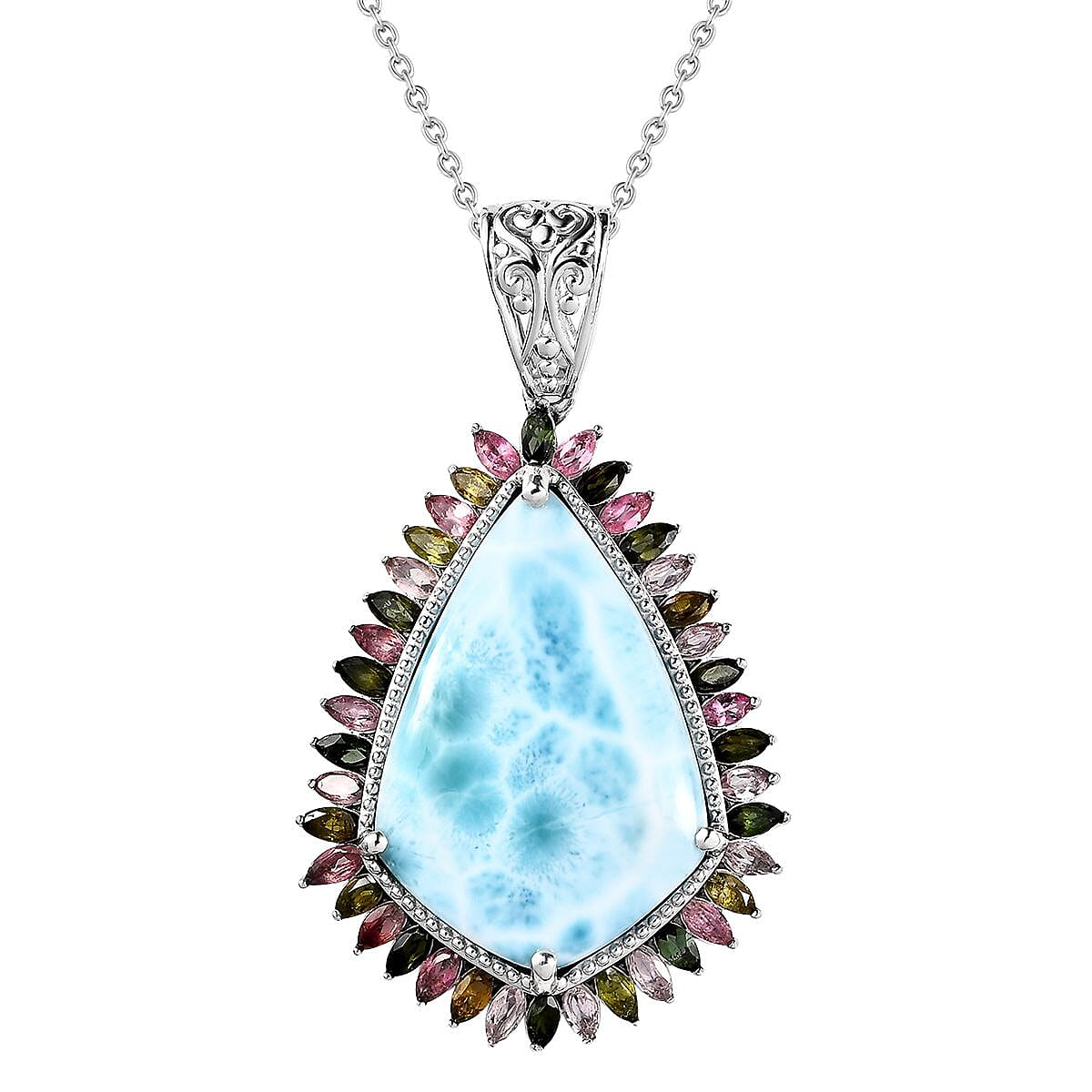 Larimar and Multi-Tourmaline Halo Pendant Necklace 20 Inches in Platinum Over Sterling Silver 34.20 ctw