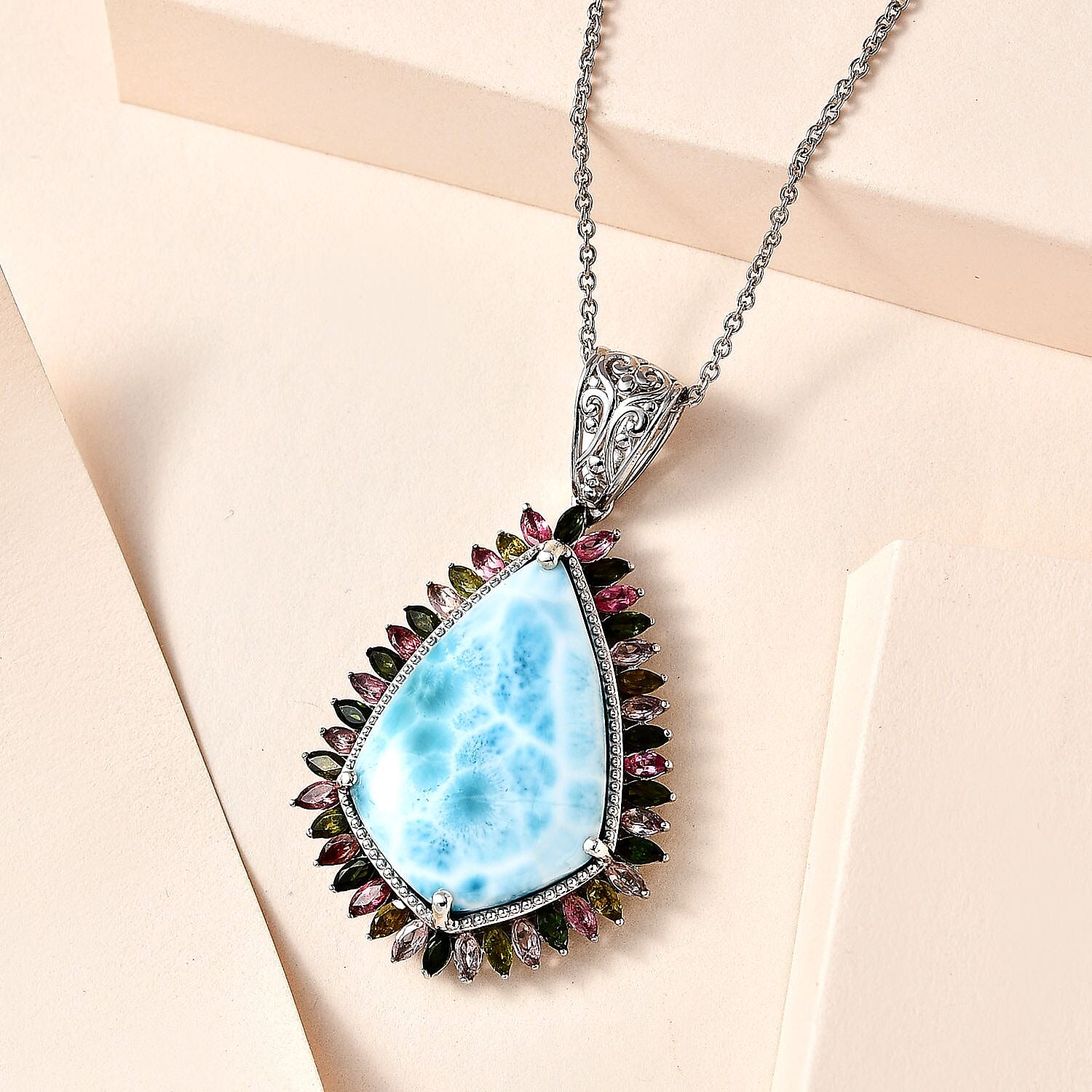 Larimar and Multi-Tourmaline Halo Pendant Necklace 20 Inches in Platinum Over Sterling Silver 34.20 ctw