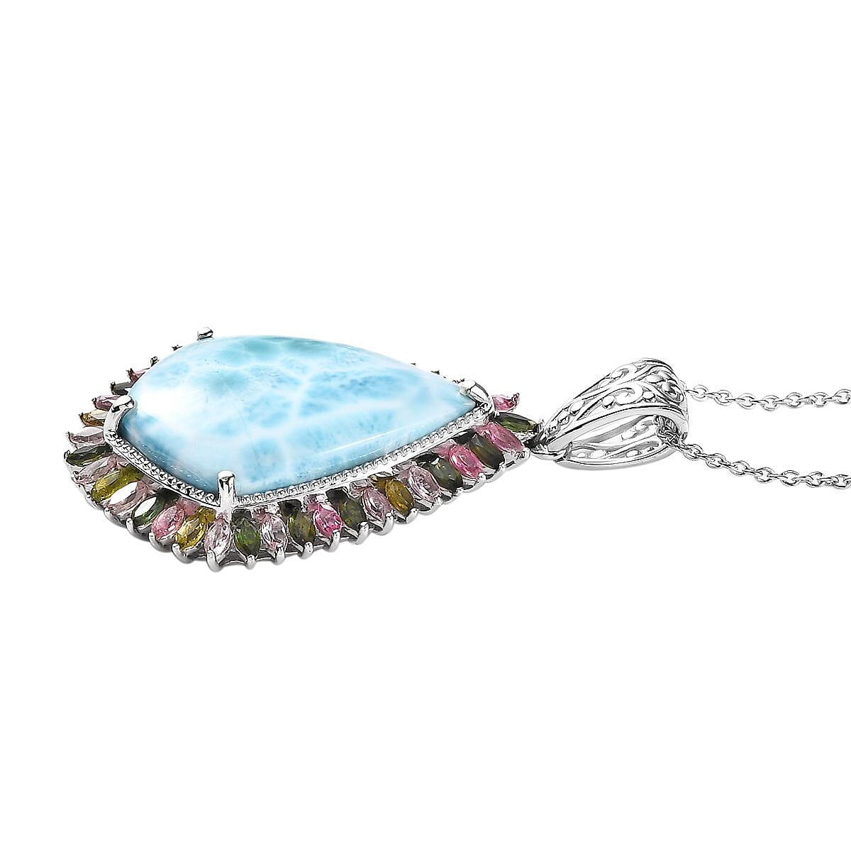 Larimar and Multi-Tourmaline Halo Pendant Necklace 20 Inches in Platinum Over Sterling Silver 34.20 ctw