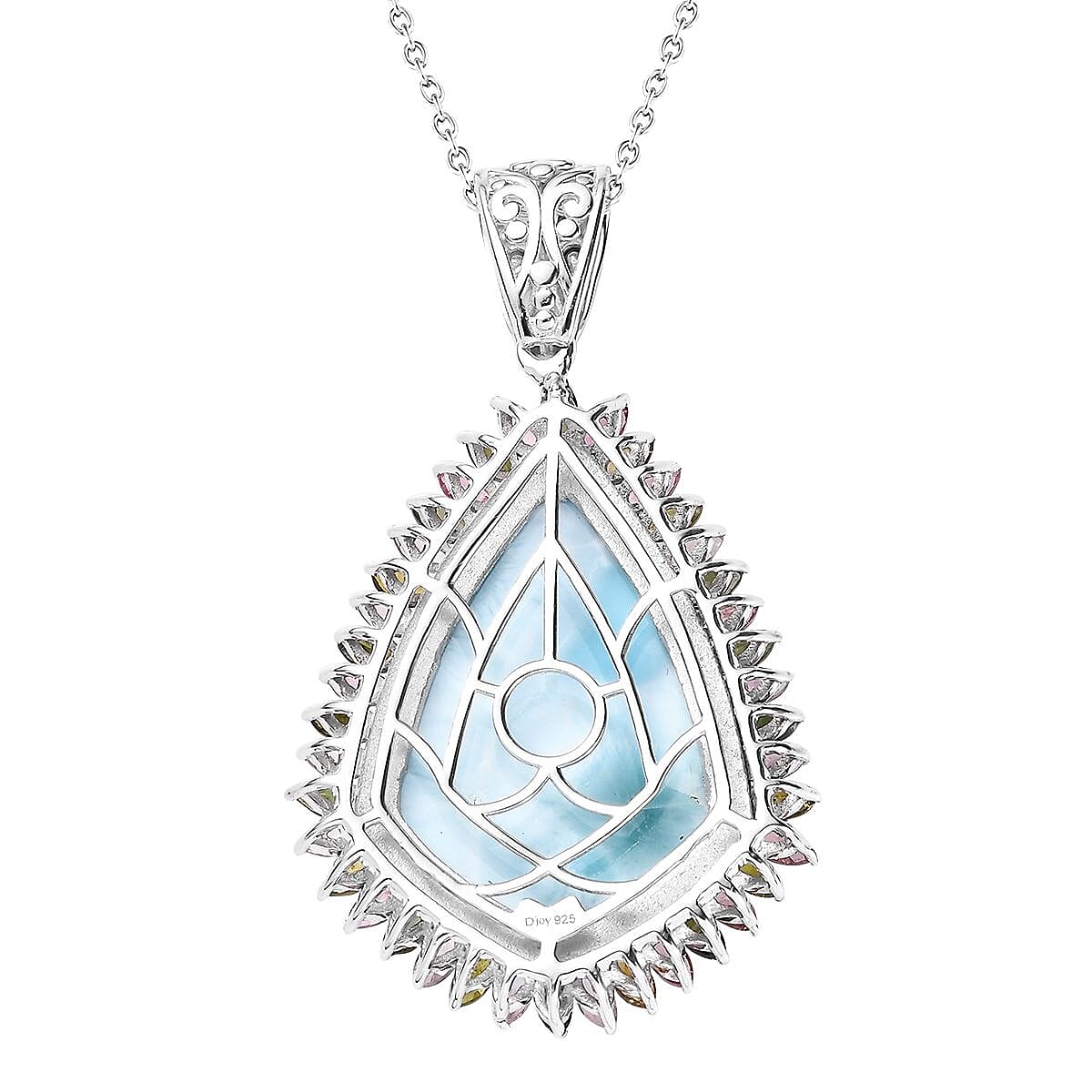 Larimar and Multi-Tourmaline Halo Pendant Necklace 20 Inches in Platinum Over Sterling Silver 34.20 ctw