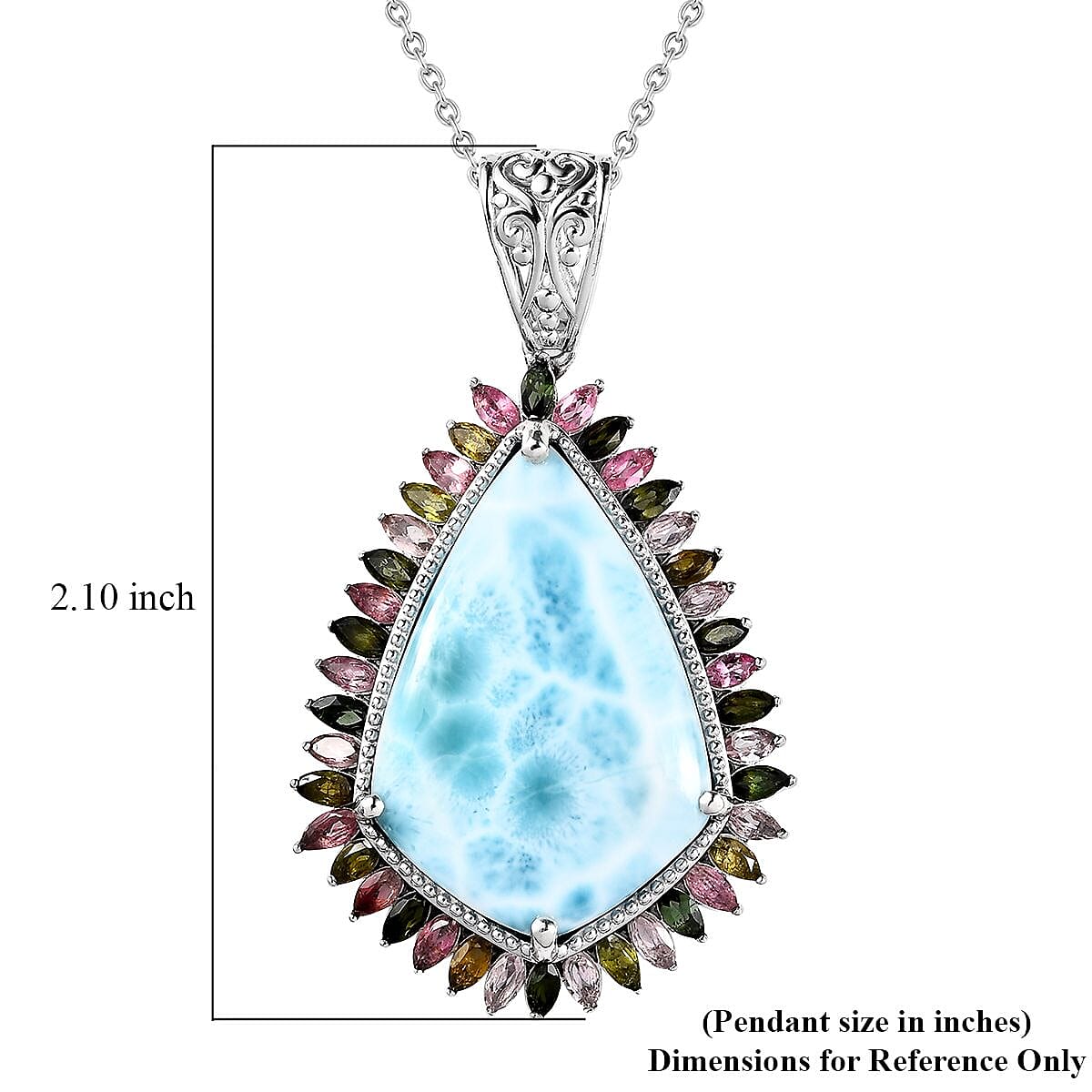 Larimar and Multi-Tourmaline Halo Pendant Necklace 20 Inches in Platinum Over Sterling Silver 34.20 ctw