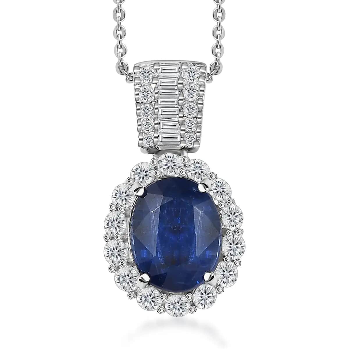 Premium Kashmir Kyanite and White Topaz Halo Pendant Necklace 20 Inches in Platinum Over Sterling Silver 5.00 ctw image number 0