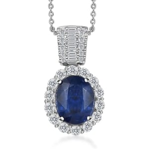 Premium Kashmir Kyanite and White Topaz 5.00 ctw Halo Pendant Necklace in Platinum Over Sterling Silver 20 Inches