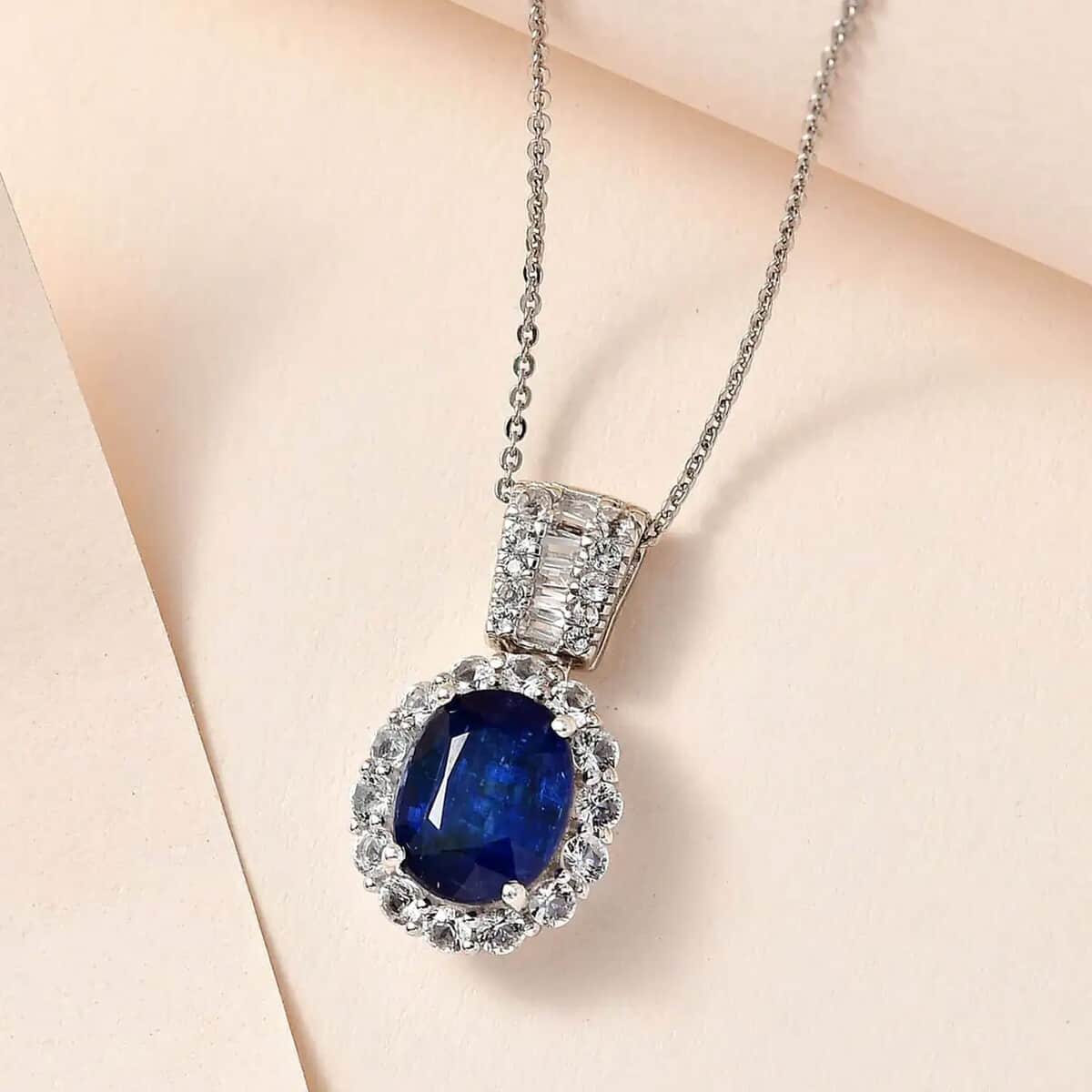 Premium Kashmir Kyanite and White Topaz Halo Pendant Necklace 20 Inches in Platinum Over Sterling Silver 5.00 ctw image number 1