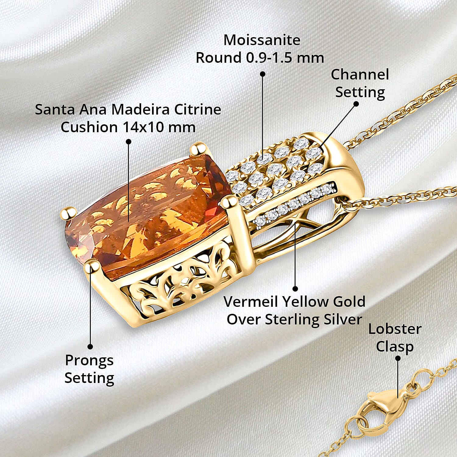 AAA Santa Ana Madeira Citrine and Moissanite 6.75 ctw Pendant Necklace in Vermeil Yellow Gold Over Sterling Silver 20 Inches