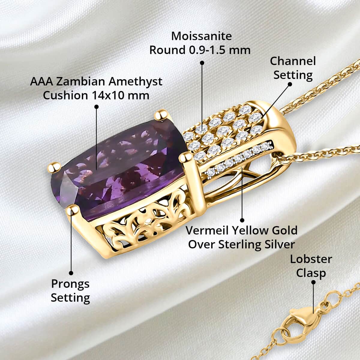 AAA Zambian Amethyst and Moissanite Pendant Necklace 20 Inches in Vermeil Yellow Gold Over Sterling Silver 6.75 ctw image number 4