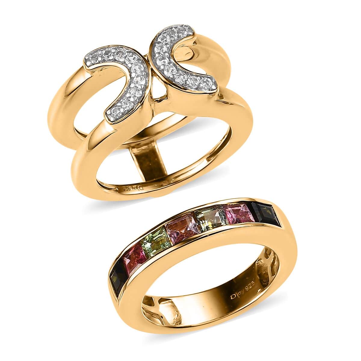 Multi-Tourmaline and White Zircon Set of 2 Stackable Horseshoe Ring in Vermeil Yellow Gold Over Sterling Silver (Size 5.0) 2.40 ctw image number 0