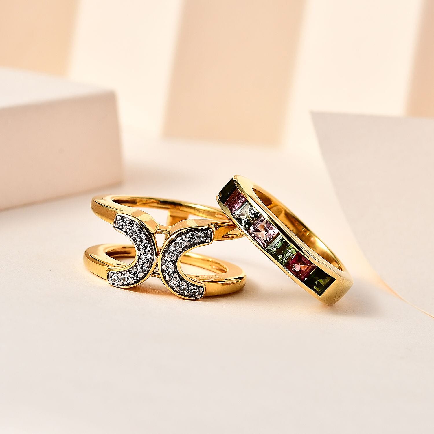 Multi-Tourmaline and White Zircon Set of 2 Stackable Horseshoe Ring in Vermeil Yellow Gold Over Sterling Silver (Size 5.0) 2.40 ctw