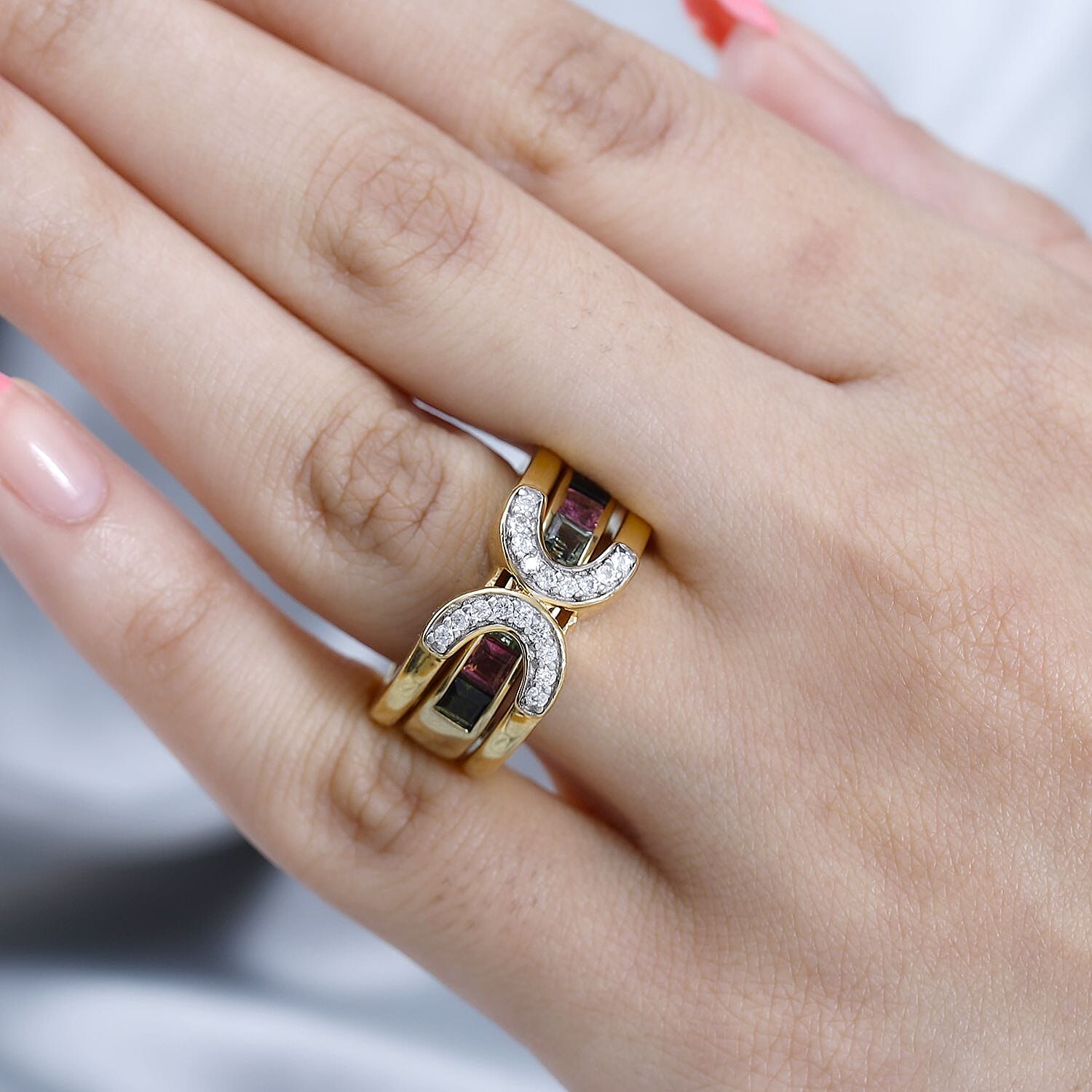 Multi-Tourmaline and White Zircon Set of 2 Stackable Horseshoe Ring in Vermeil Yellow Gold Over Sterling Silver (Size 5.0) 2.40 ctw