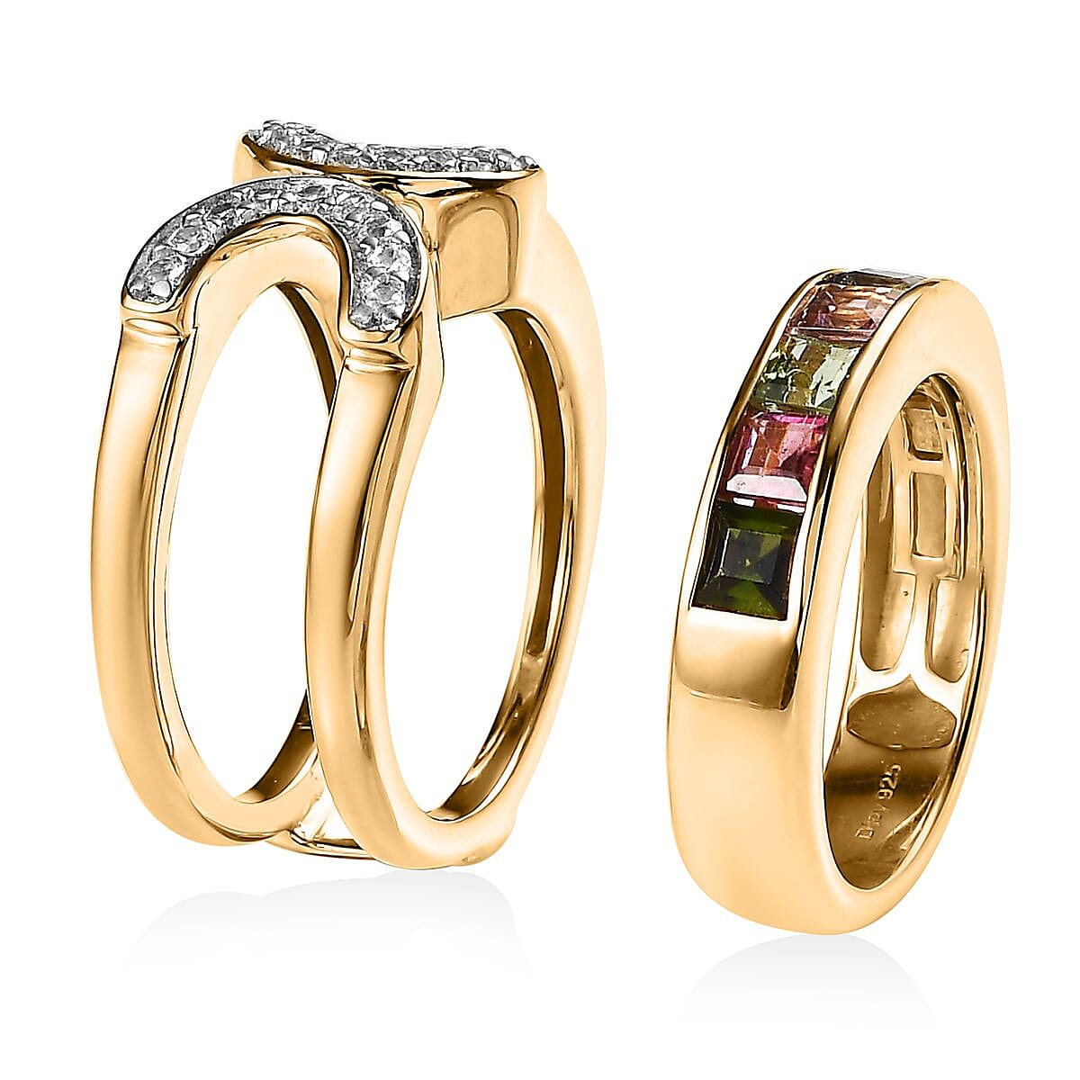 Multi-Tourmaline and White Zircon Set of 2 Stackable Horseshoe Ring in Vermeil Yellow Gold Over Sterling Silver (Size 5.0) 2.40 ctw