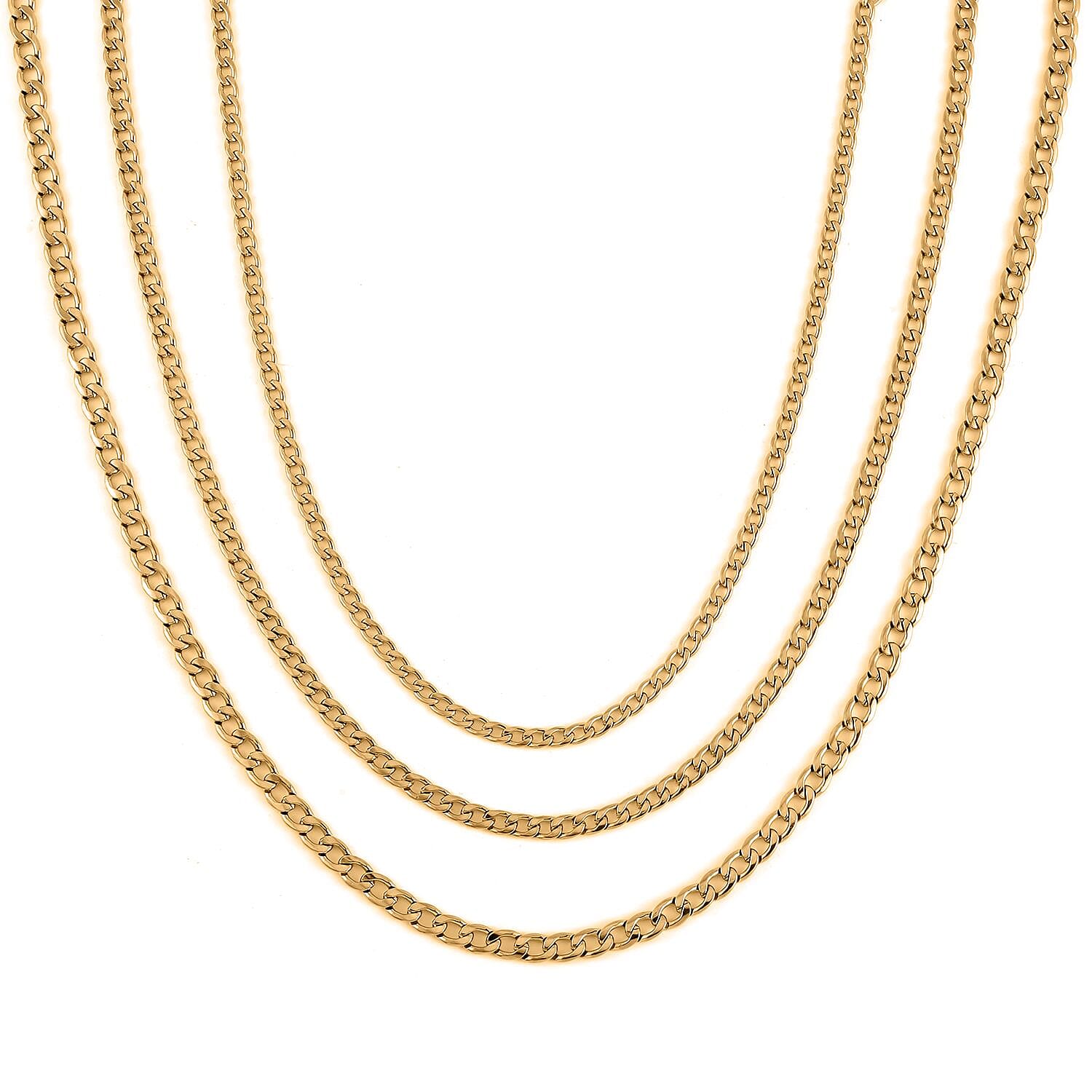 EverTrue Set of 3 Curb Chain Necklaces 16, 20, 24 Inches with 2In Extender in ION Plated YG Stainless Steel