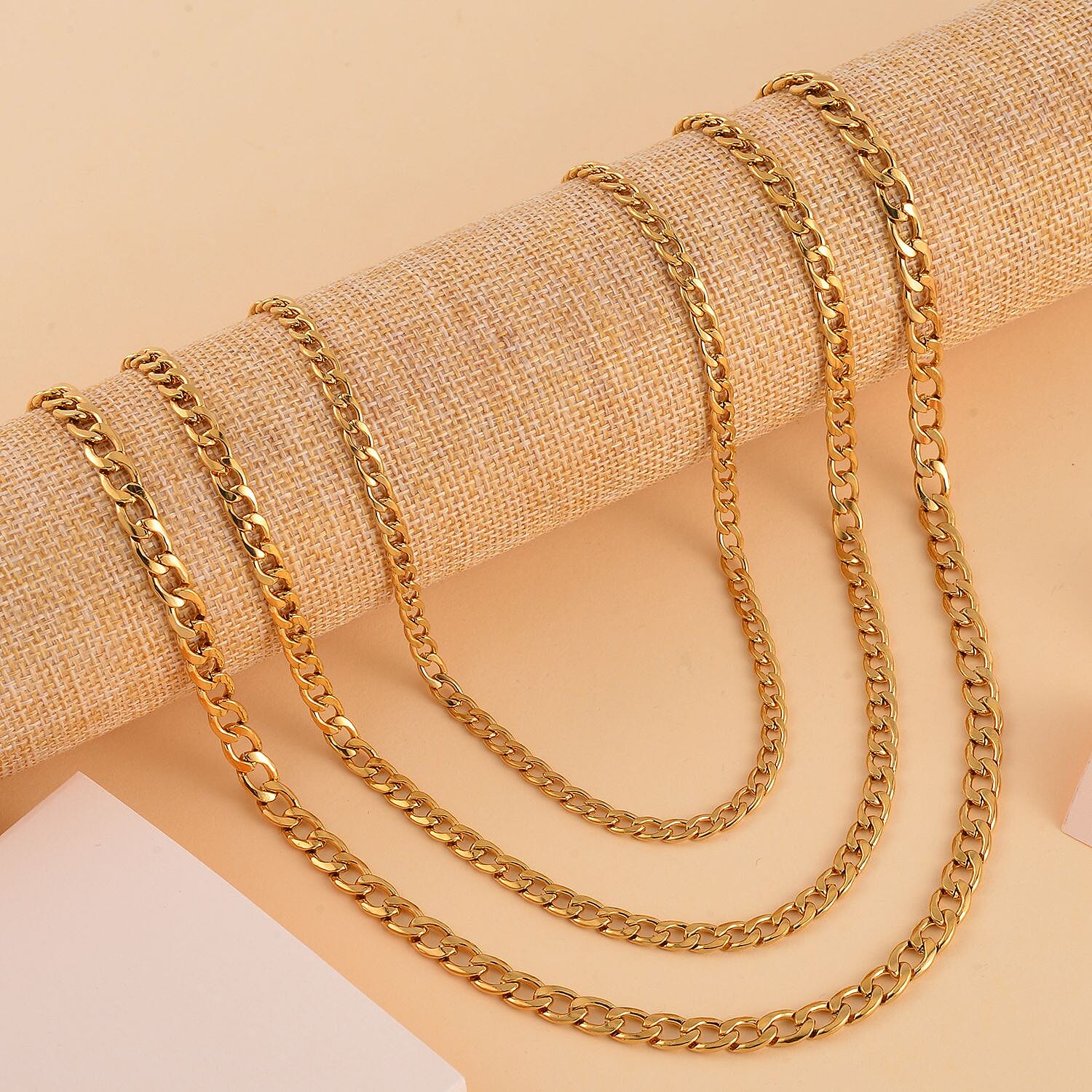 EverTrue Set of 3 Curb Chain Necklaces 16, 20, 24 Inches with 2In Extender in ION Plated YG Stainless Steel