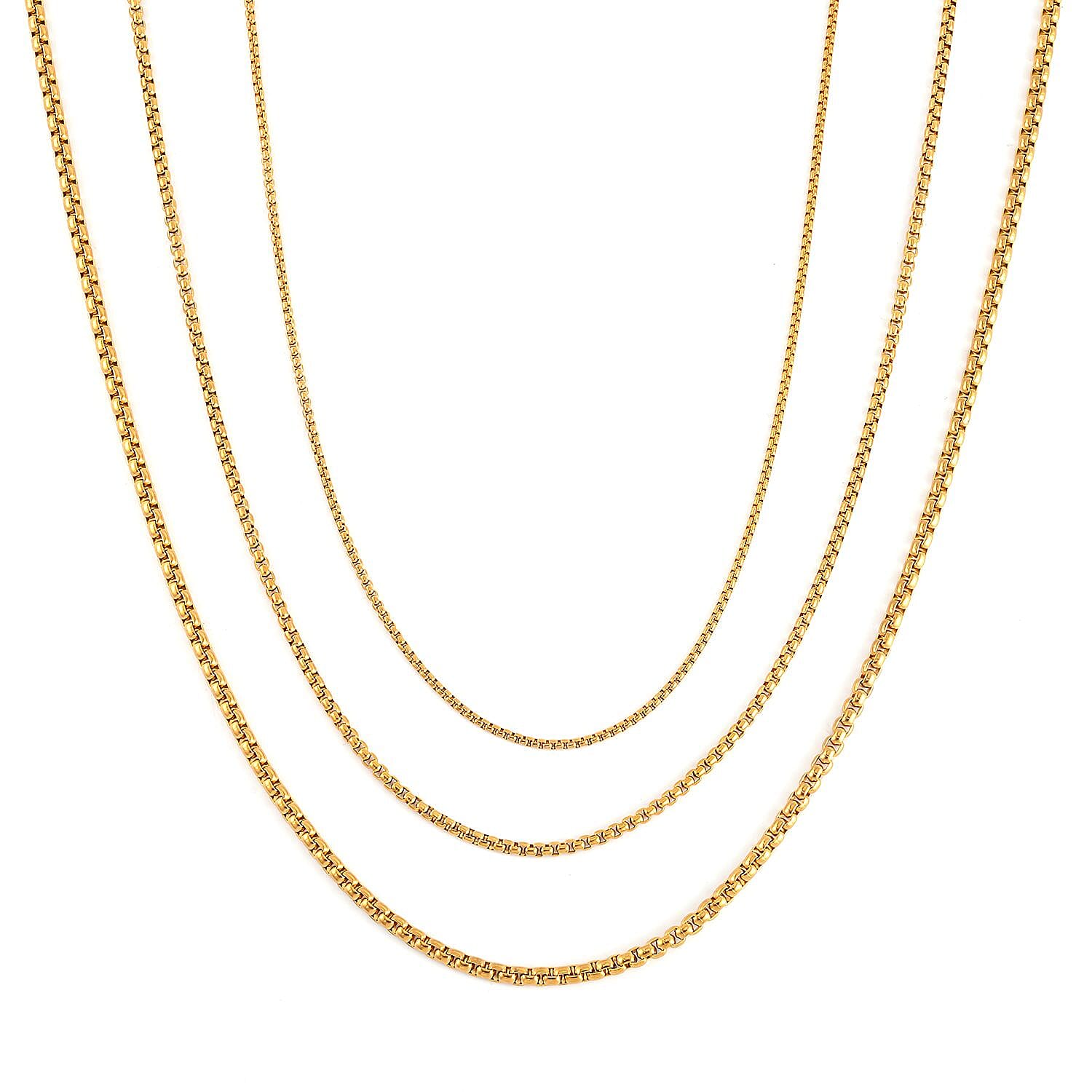 EverTrue Set of 3 Box Link Chain Necklace (16, 20 and 24 Inches) with 2In Extender in ION Plated YG Stainless Steel