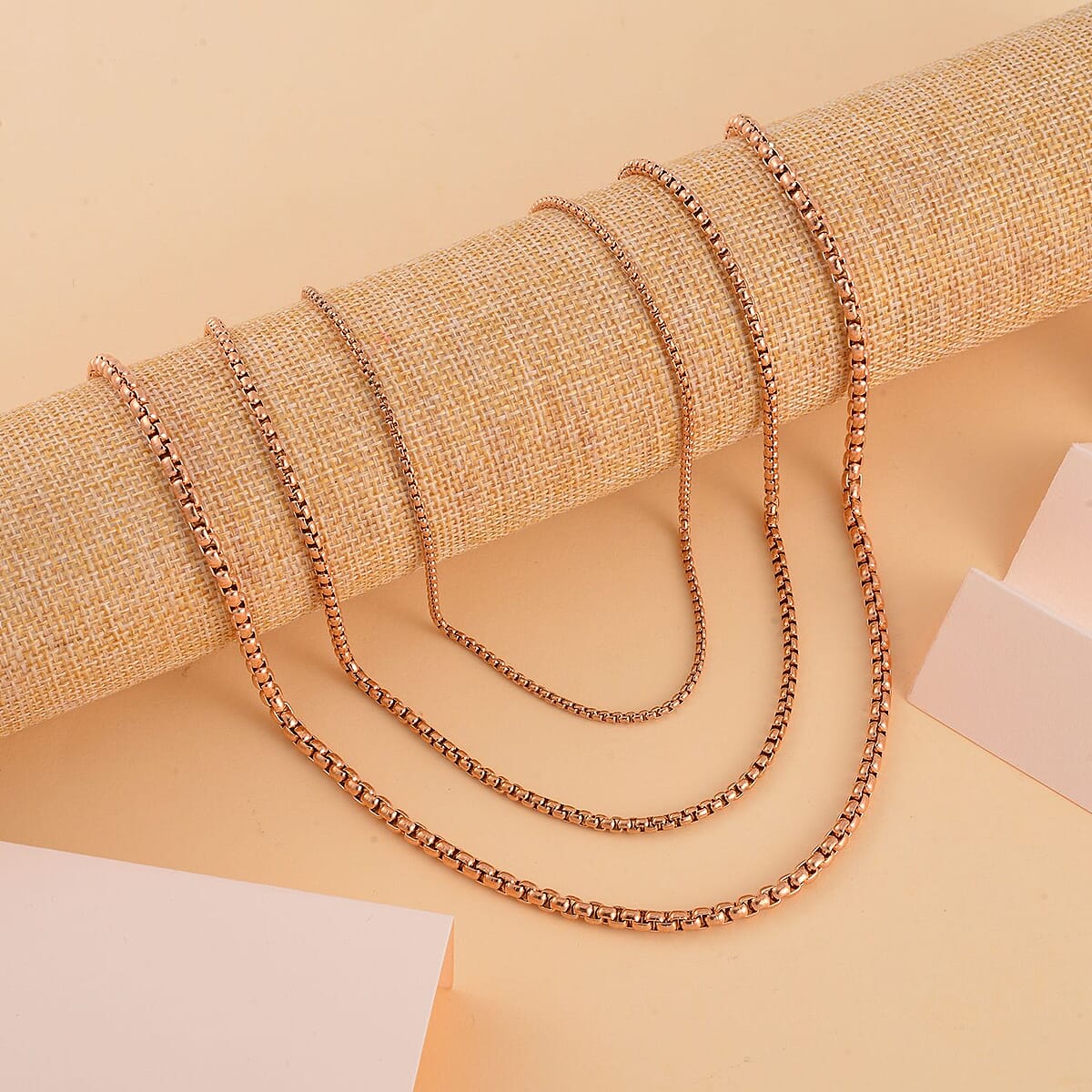 EverTrue Set of 3 Box Link Chain Necklace (16, 20 and 24 Inches) with 2In Extender in ION Plated RG Stainless Steel image number 1